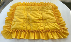 Vintage 1970s decorative pillow cover, bright yellow quilted sham, ruffled