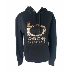 Women’s Medium Hoodie Bebe Sport Black Animal Print Foil Logo Front Pocket - Picture 1 of 8