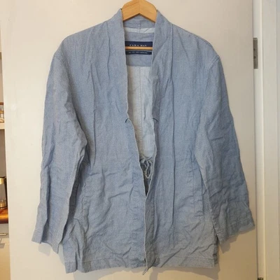 ZARA MAN Mens Small SHIRT ROBE Tie Waist Linen Pale Blue Long Sleeve Pockets - Image 1 of 4