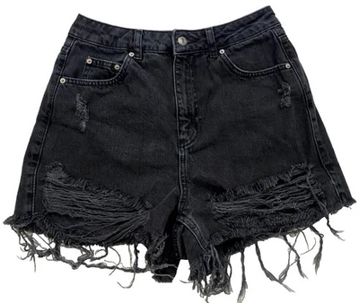 Pantalones Cortos Vaqueros Topshop Moto MOM Denim Talla 6 EE. UU. Negros Destruidos Flecos Tiro Alto Foto 1 de 4