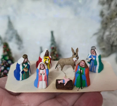 Miniature Dollhouse Nativity Set Hand Painted Clay Christmas Scene On Wood Base - Image 1 of 4