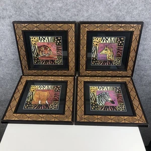 Set of 4 Safari Animal Pictures Tiger Zebra Elephant Giraffe Wood Framed Prints - Picture 1 of 17