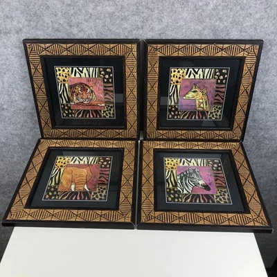 Set of 4 Safari Animal Pictures Tiger Zebra Elephant Giraffe Wood Framed Prints - Image 1 of 4
