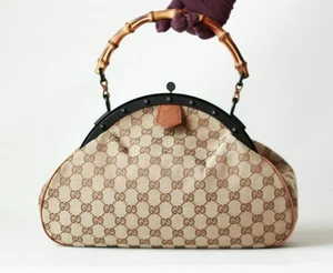 Gucci Vintage Brown GG Monogram Canvas Hand Bag Bamboo Handle & Black Metal - Picture 1 of 11