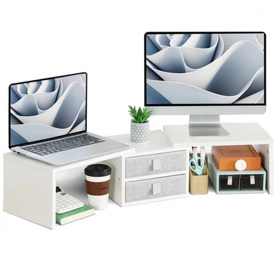 Dual Monitor Stand Riser with 2 Drawers - Length and Angle Adjustable White M... - Image 1 of 4