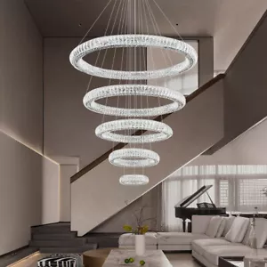 Modern 5 Rings Crystal Chandelier Lighting LED Staircase Lights for High Ceiling - Picture 1 of 6