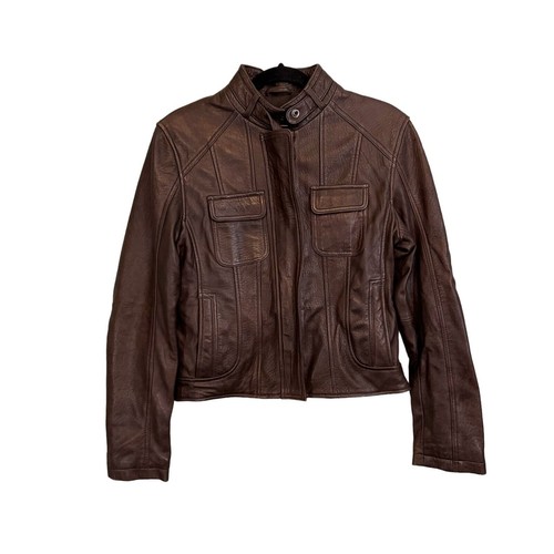 Giorgio Valentino Giacca Donna M Moto Biker Pelle Finto Collo Zip Marrone