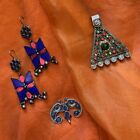 Afghan Jewelry lot. Blue-red EARRINGS + lapis silver tone PENDANT + DANGLE free!