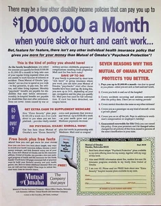 Anuncio impreso vintage años 60 ~ Mutual of Omaha ~ Seguro de discapacidad de $1000 al mes - Imagen 1 de 1