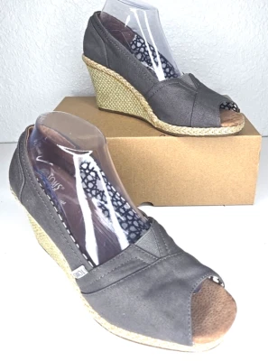 Tacones de cuña Toms para mujer talla 9,5/39,5 gris lona punta abierta sin cordones clásicos Foto 1 de 4