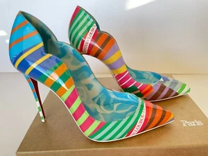 Christian Louboutin Hot Chick 100 Stripe Patent Red Sole Pump Eur 39.5/US 9.5 - Picture 1 of 8