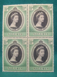 1953 Nigeria-1 1/2d Queen Elizabeth II Coronation-Mint Hinged Blk of 4 - Picture 1 of 2