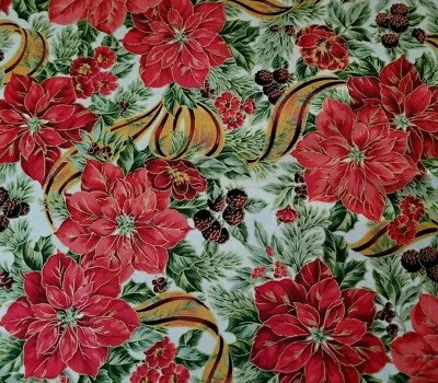  Holiday Magic BTY Studio 8 VIP Red Poinsettias Ribbon Berries Ecru - Image 1 of 3