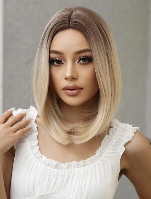 Perruque Synthétique Blonde Doré Carré Courte Lisse Femme Coiffure Wig +4 Bonnet - Photo 1/4