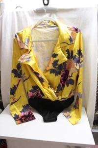 Elegant Gold Satin V-Neck Vintage Floral  Long Sleeve Boho Beach Bodysuits L - Picture 1 of 4