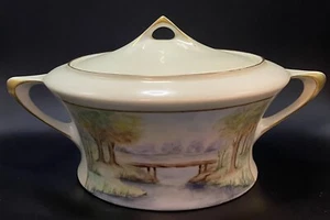 Bavaria JHR Hutschenreuther Covered Bowl Hand Painted Pastoral River Scene Gold - Picture 1 of 14
