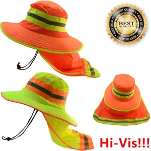 Hi Vis Reflective Safety Working Breathable Bucket Cap Neck Flap Boonie Hats Lot - Picture 1 of 26