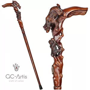 Bear Walking Stick Cane wood Hand carved handle Hiking Staff Unique wooden Art - Picture 1 of 11