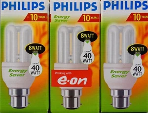 3x PHILIPS Energy Saver 8 Watt (40 Watt) Bayonet Lightbulb B22 - (420 Lumen) - Picture 1 of 4