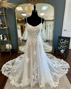 Glitzer Blätt Spitze Brautkleid Hochzeitskleid A-Linie Ivory m.lange Schleppe - Bild 1 von 6