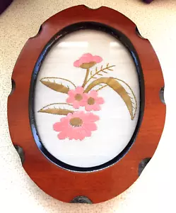 Embroidered Tapestry Picture Wood Frame Handmade Floral Vintage Leather Backed - Picture 1 of 7