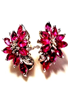 VINTAGE 925 Silver Marquis Genuine RUBY 红宝 Earring Convert Pierced/Clip 70s 5.5G - Picture 1 of 18