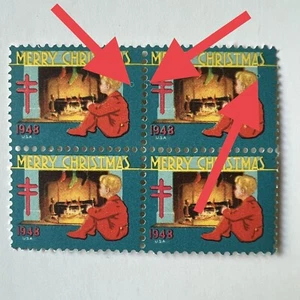 ERROR 1948 CHRISTMAS SEAL BLOCK WITH MULTIPLE CIRCULAR MARKINGS MNH - Picture 1 of 5