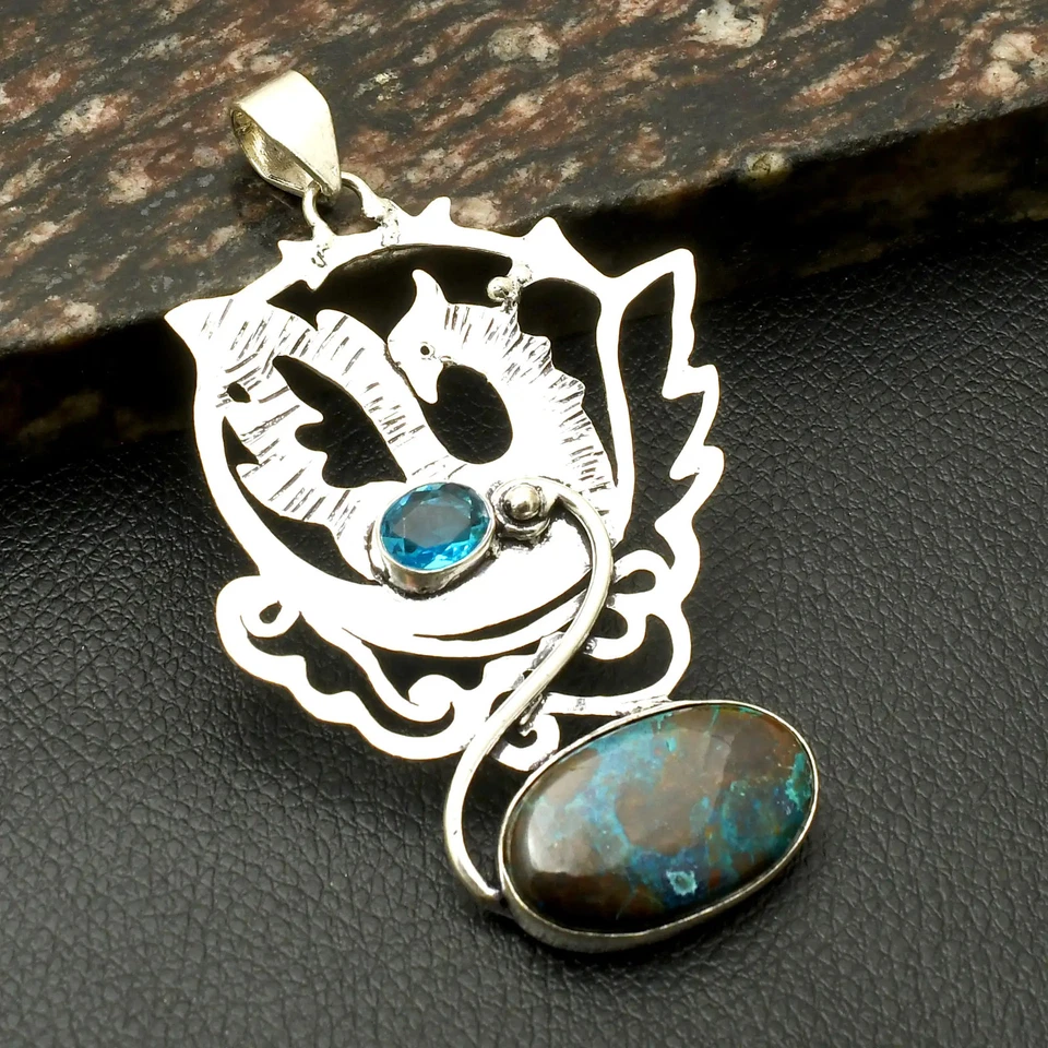 Azurita Azul Topacio Piedras Preciosas Étnico Hecho a Mano Pájaro Colgante Joyería 3" AP-25328 Foto 1 de 1