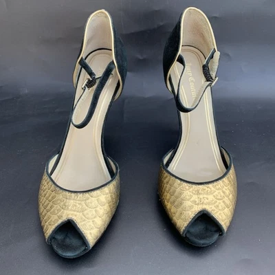 Juicy Couture Genuine Leather Heels Gold Black Sandals Sz 8.5 Womens Genuine Foto 1 de 4