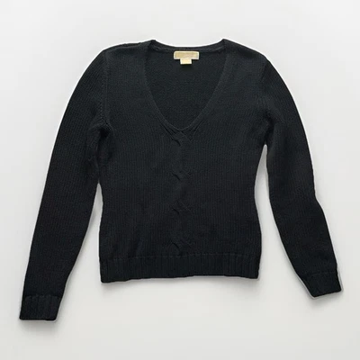 Suéter feminino Michael Kors médio preto gola V malha de cabo clássico minimal chique - Imagem 1 de 4