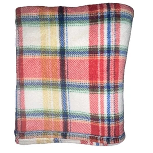 RALPH LAUREN LRL Plaid TARTAN Throw BLANKET Combed COTTON 60x65 Red Ivory Stripe - Picture 1 of 8