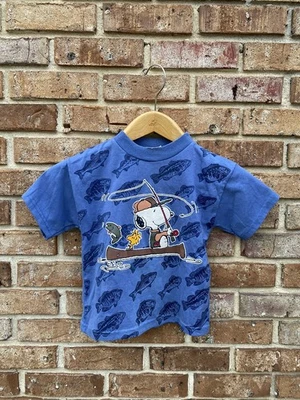 Vintage Snoopy Kids Youth Shirt Size 4 Blue Graphic Fishing AOP - Image 1 of 4