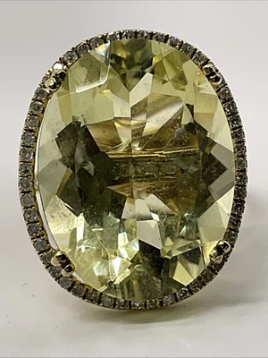TEODORA Sólido 10K Y. Anillo Oro Ovalado Limón Cuarzo y Diamantes Estilo HALO CÓCTEL Foto 1 de 4