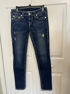 True Religion Dark Wash Distress Low Rise Skinny Jeans Size 27 - Picture 1 of 8