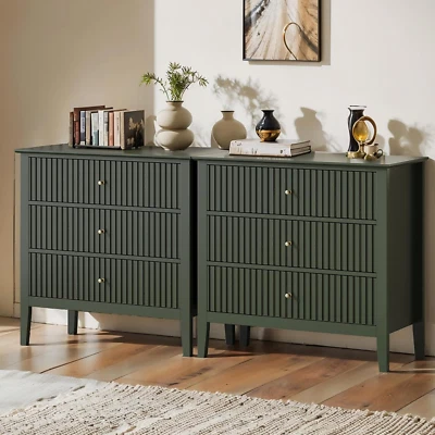 Large Green Fluted 3 Drawer Dresser Set of 2, Chest of Drawers with Ball Bearing Foto 1 de 4
