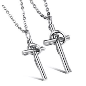 2x EDELSTAHL PARTNER KETTEN KREUZ SILBER RING PÄRCHEN KREUZ KETTE GESCHENK NEU - Bild 1 von 6
