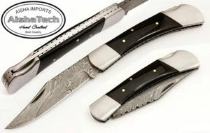 Hooper Folder Damascus Steel water buffalo (Bubalus bubalis) Horn Handle AT-1106 - Picture 1 of 6