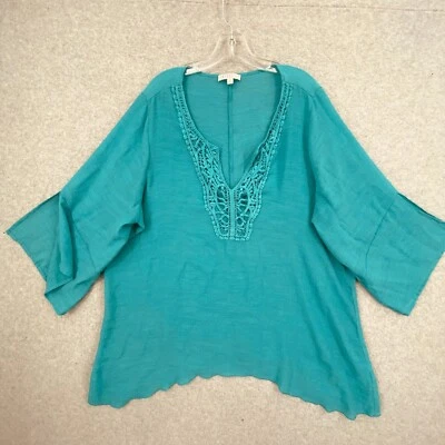 Spense Top Womens 2X Lt Teal Lace Trim 3/4 Split Sleeve Asymmetrical Hem Blouse - Image 1 of 4