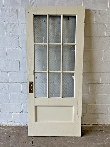 1900s Antique ENTRY DOOR Original CRAFTSMAN Style Textured Wire Glass Fir ORNATE Cover