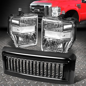 FOR 08-10 FORD F250-F550 CHROME/CLEAR HEADLIGHTS+GLOSSY VERTICAL FRONT GRILLE