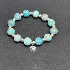 Jilzarah Blue White Silver Premium Clay Round Beads Elastic Bracelet Costume 7in - Picture 1 of 3