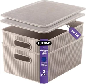 Superio 15L Medium Taupe Ribbed Storage Bin with Lid, Plastic (2 Pack) - Picture 1 of 9