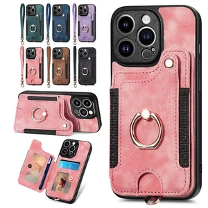 Ring Stand Leather Card Slot Phone Case For iPhone 14 13 12 11 Pro Max XR 8 7 6 - Picture 1 of 84
