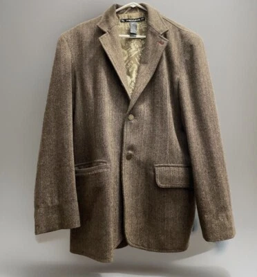 DKNY 粗花呢夹克棕色人字形羊毛西装外套运动外套 44R XL 单通风口 — 第 1/4 张图片