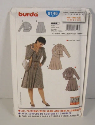 Burda 8146 Suit w/Fitted Jacket & Flared Skirt Misses' 6-18 Pattern Uncut - Image 1 of 2