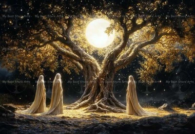 THE NORNS ART PRINT, Tree Of Life Yggdrasil Poster, Gothic Witchy Decor F167 - Image 1 of 3