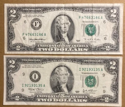 3 US TWO-DOLLAR BILLS, w/ Wear....1995, 2003 & 2013 - Image 1 of 4