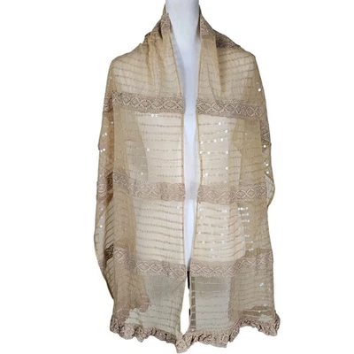 Betsey Johnson Sequin Crochet Lace Shawl Wrap Beige Cottagecore Sheer Occasion - Image 1 of 4