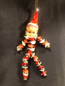 Vintage Christmas~ Pixie Elf Wired Ornament~ Vinyl Face, Fabric Discs, & Beads - Picture 1 of 9