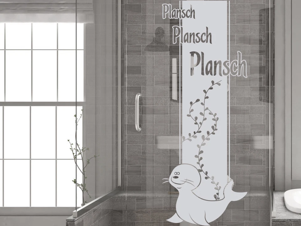 Glasdekor Fensterfolie Duschkabine für Badezimmer Seehund Schrift Algen - Bild 1 von 1